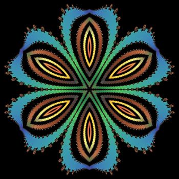 Digital computer graphic - patterned fractal flower on a black background for design.