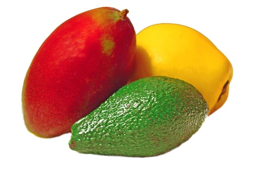 Mango, avocado and yellow quince isolated on white background                                       