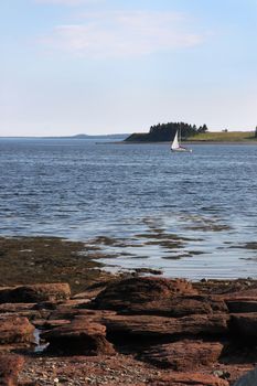 Rocky shoreline beach and sailboat in the background in St. Andrews, New Brunswick, Maritimes, Canada