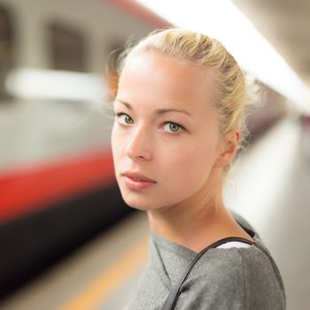 Young woman  waiting on the platform of a railway station for their train. to arrive.