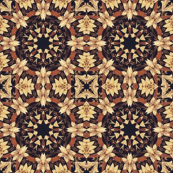 Abstract artistic pattern, seamless handmade floral ornament, applique from the back side of a birch bark on black fabric background