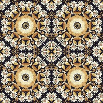 Abstract seamless artistic pattern, floral ornament, handmade applique from painted straw and bark on a black fabric background