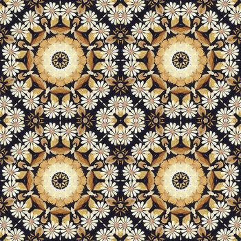 Abstract seamless artistic pattern, floral ornament, handmade applique from painted straw and bark on a black fabric background