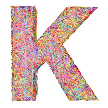 Alphabet symbol letter K composed of colorful striplines isolated on white. High resolution 3D image
