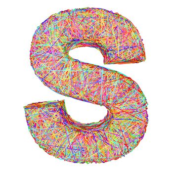 Alphabet symbol letter S composed of colorful striplines isolated on white. High resolution 3D image
