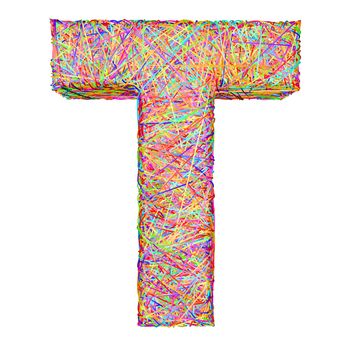 Alphabet symbol letter T composed of colorful striplines isolated on white. High resolution 3D image
