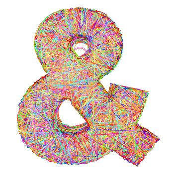 Ampersand sign composed of colorful striplines isolated on white. High resolution 3D image
