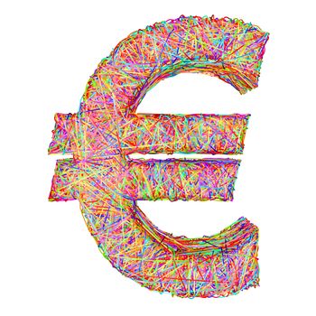Euro sign composed of colorful striplines isolated on white. High resolution 3D image
