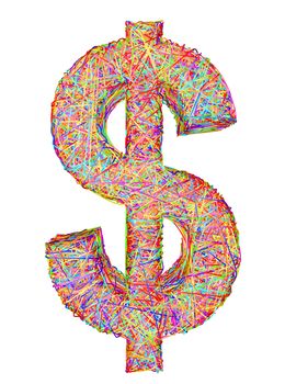 Dollar sign composed of colorful striplines isolated on white. High resolution 3D image