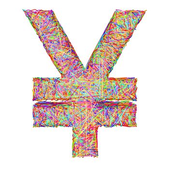 Yen sign composed of colorful striplines isolated on white. High resolution 3D image