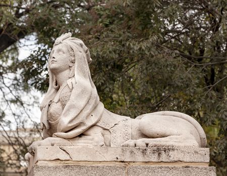 Egyptian Female Sphinx Stone Statue Retro Park Madrid Spain