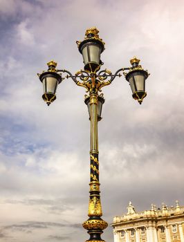 Ornate Lamp Post Royal Palace Palacio Real Cityscape Madrid Spain.  Phillip 5 rreconstructed palace in the 1700s.