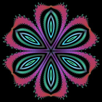 Digital computer graphic - patterned fractal flower on a black background for design.