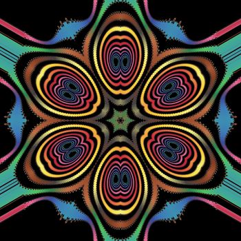 Digital computer graphic - patterned fractal flower on a black background for design.