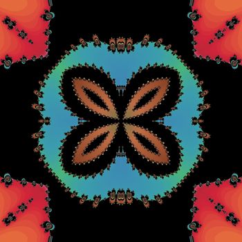 Digital computer graphic - patterned fractal flower on a black background for design.