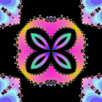 Digital computer graphic - patterned fractal flower on a black background for design.
