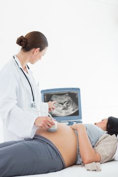 Female doctor performing ultrasound on pregnant woman in hospital