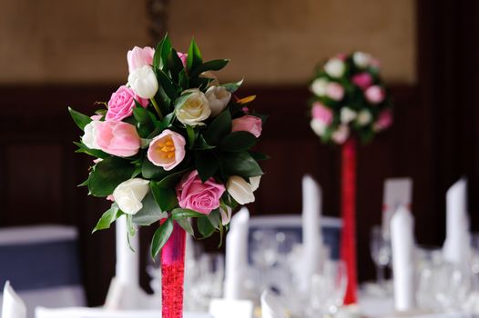 Flower decorations at wedding reception