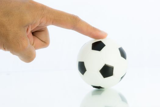 Hand hold sport balls, football isolated on white background