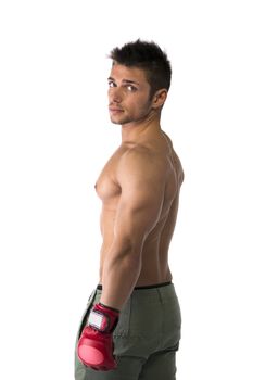 Muscular shirtless young man with mixed martial arts gloves (MMA), profile view, isolated