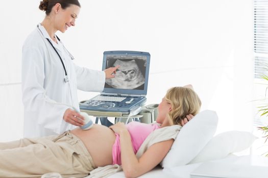 Female doctor performing ultrasound on belly of pregnant woman in clinic