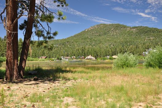 Lush green forests surround the mountain town of Big Bear, California.