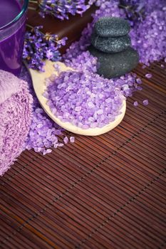 Lavender spa. Health and beauty composition on bamboo mat background