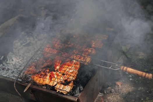 Barbeque fried on the bonfire and coals