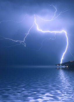 Lightning over night sea