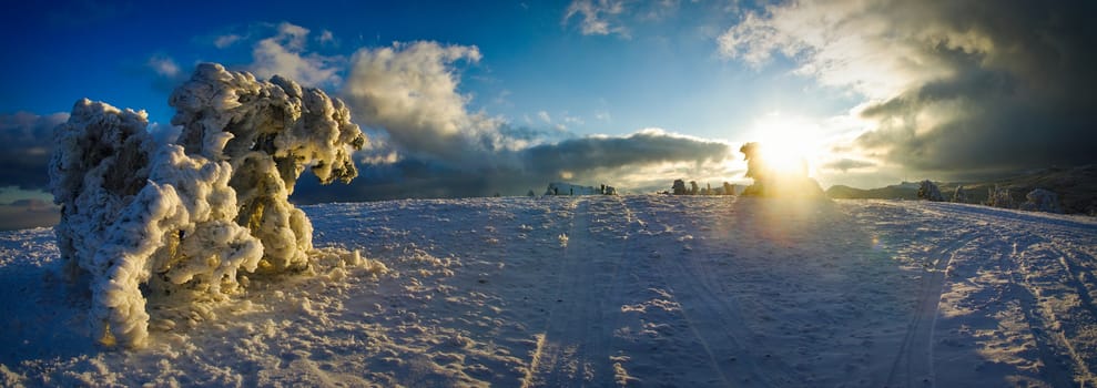 View of winter mountains at sunset