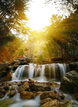 View of mountain waterfall