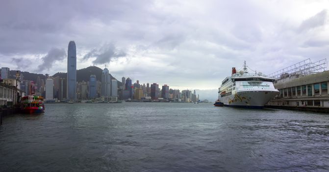 View to Hong Kong Island and Ferry Terminal in the Typhoon Rammasun. 