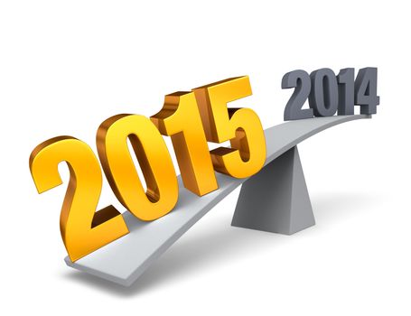 Bright, gold "2015" weighs one end of a gray balance beam down while a gray "2014" sits high in the air on the other end. Isolated on white.