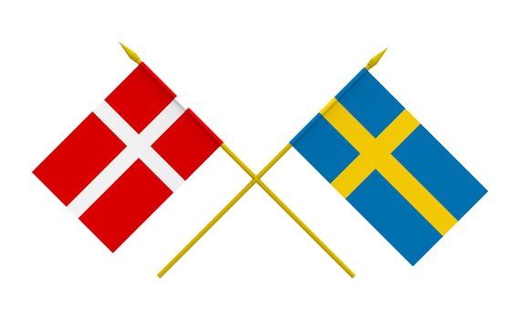 Flags of Denmark and Sweden, 3d render, isolated on white