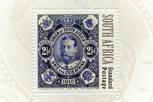 First South Africa stamp, issued 1910, postage

SOUTH AFRICA - CIRCA 1910: A stamp printed by South Africa shows portrait of King and the Union of South Africa, circa 1910.