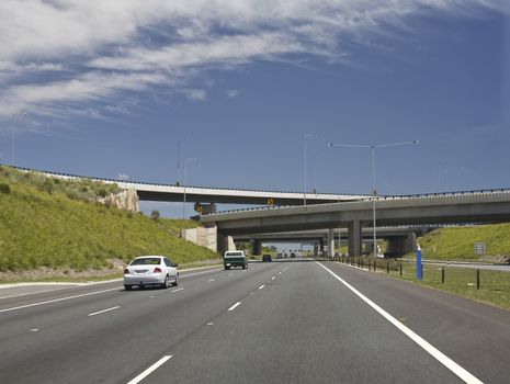 Driving on a highway with crossing bridges