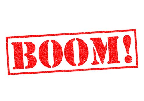 BOOM! red Rubber Stamp over a white background.