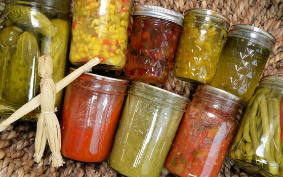 Canned food items arranged in a basket