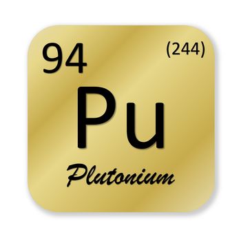 Black plutonium element into golden square shape isolated in white background