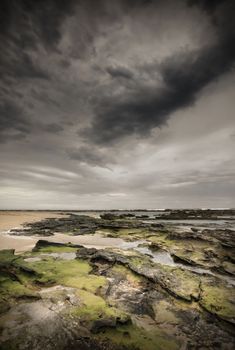 Heavy storm clouds loom over moss covered rocks at Little Bay, south of Toowoon Bay, NSW, Australia