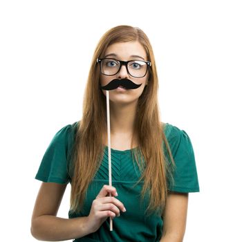 Portrait of a beautiful girl with a mustache isolated on white background