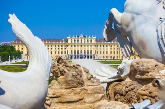 AUSTRIA, VIENNA - AUGUST 4,2013: View on Gloriette and Neptune fountain in Schonbrunn Palace, Vienna, Austria