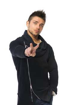Attractive young man doing peace or victory sign with two fingers, isolated on white