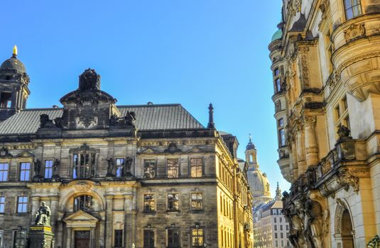 Church Frauenkirche taken from street in Dresden Germany  on a sunny day with blue