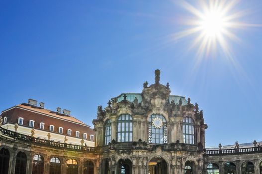 Zwinger museum with sun in Dresden, Germany.
