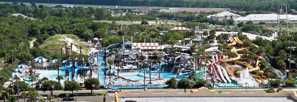 Destin, FL, USA - July 24 2014: Big Kahuna water theme park with slides and attractions in Destin, FL.