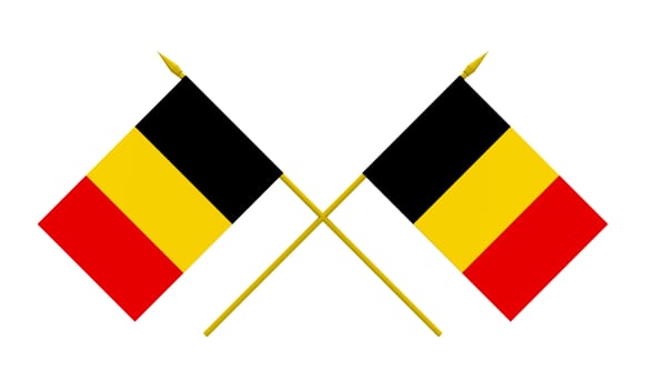 Two crossed flags of Belgium, 3d render, isolated on white