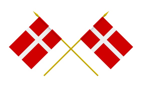 Two crossed flags of Denmark, 3d render, isolated on white