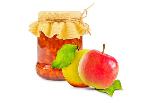 Glass jar with apple jam and two fresh apples on white background