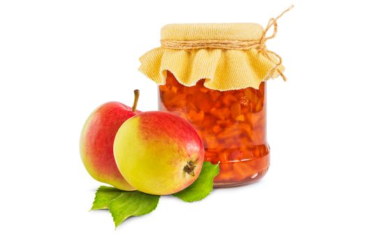 Glass jar with apple jam and fresh apples on white background